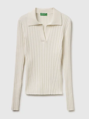 Benetton, Ribbed Sweater With Polo Collar, Size: XS, Creamy White, Women United Colors of Benetton