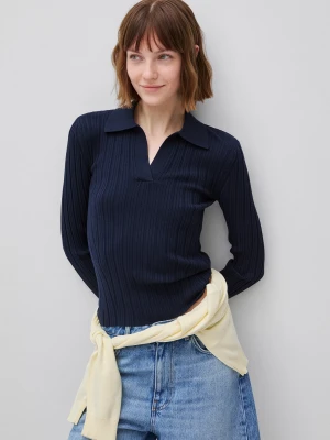 Benetton, Ribbed Sweater With Polo Collar, Size: XS, Dark Blue, Women United Colors of Benetton