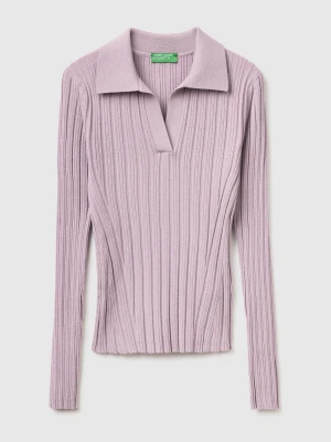 Benetton, Ribbed Sweater With Polo Collar, Size: XS, Pink, Women United Colors of Benetton