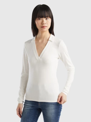 Benetton, Ribbed T-shirt With Collar, size L, Creamy White, Women United Colors of Benetton