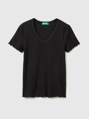 Benetton, Ribbed V-neck T-shirt, Size: XXS, Black, Women United Colors of Benetton