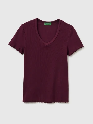 Benetton, Ribbed V-neck T-shirt, Size: XXS, Burgundy, Women United Colors of Benetton