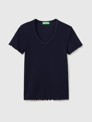 Benetton, Ribbed V-neck T-shirt, Size: XXS, Dark Blue, Women United Colors of Benetton