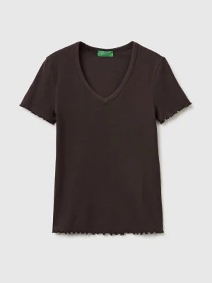 Benetton, Ribbed V-neck T-shirt, Size: XXS, Dark Brown, Women United Colors of Benetton