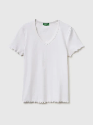Benetton, Ribbed V-neck T-shirt, Size: XXS, White, Women United Colors of Benetton