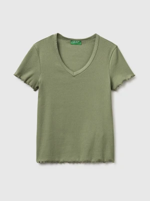 Benetton, Ribbed V-neck T-shirt, Size: XXS, Olive Green, Women United Colors of Benetton