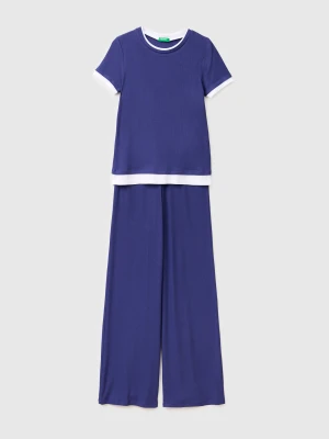 Benetton, Ribbed Viscose Pajamas, Size: XXS, Blue, Women United Colors of Benetton