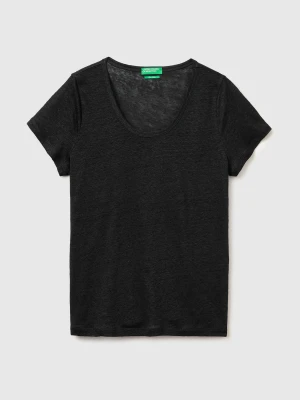 Benetton, Round-neck T-shirt In Pure Linen, Size: XS, Black, Women United Colors of Benetton