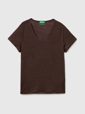 Benetton, Round-neck T-shirt In Pure Linen, Size: XS, Brown, Women United Colors of Benetton