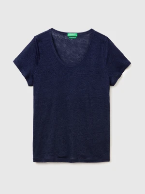 Benetton, Round-neck T-shirt In Pure Linen, Size: XS, Dark Blue, Women United Colors of Benetton