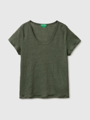 Benetton, Round-neck T-shirt In Pure Linen, Size: XS, Military Green, Women United Colors of Benetton