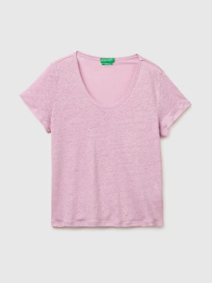 Benetton, Round-neck T-shirt In Pure Linen, Size: XS, Pink, Women United Colors of Benetton