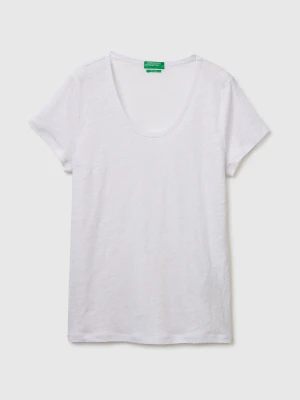 Benetton, Round-neck T-shirt In Pure Linen, Size: XS, White, Women United Colors of Benetton