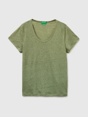 Benetton, Round-neck T-shirt In Pure Linen, Size: XS, Olive Green, Women United Colors of Benetton