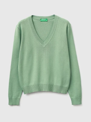 Benetton, Sage Green V-neck Sweater In Cotton Tricot, Size: XS, Light Green, Women United Colors of Benetton