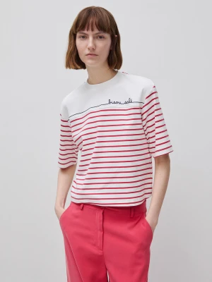 Benetton, Sailor Striped T-shirt With Embroidery, Size: XXS, Strawberry, Women United Colors of Benetton