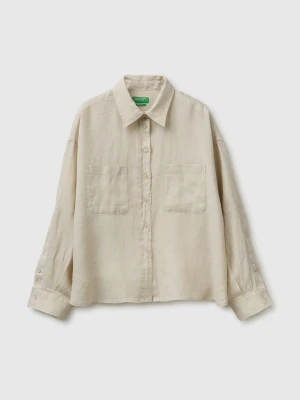 Benetton, 100% Linen Shirt With Pockets, Beige, Women United Colors of Benetton