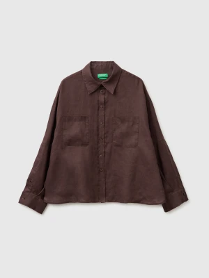 Benetton, 100% Linen Shirt With Pockets, Brown, Women United Colors of Benetton