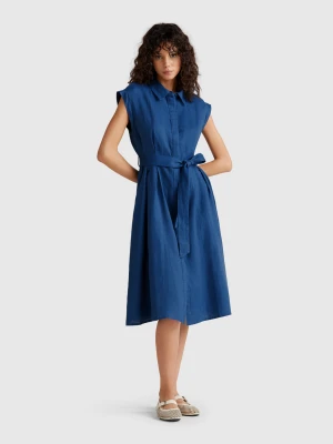Benetton, Shirt Dress In Pure Linen, size XXS, Air Force Blue, Women United Colors of Benetton