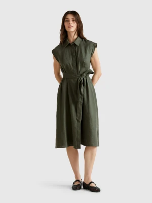 Benetton, Shirt Dress In Pure Linen, size XXS, Military Green, Women United Colors of Benetton