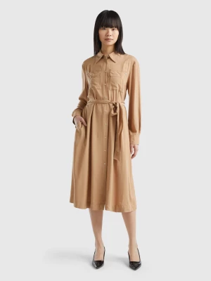 Benetton, Shirt Dress In Sustainable Viscose, size L, Camel, Women United Colors of Benetton