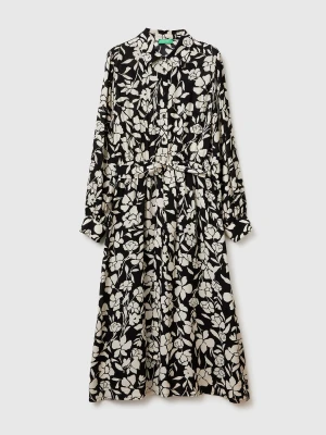 Benetton, Shirt Dress With Floral Print, Size: XXS, Black, Women United Colors of Benetton