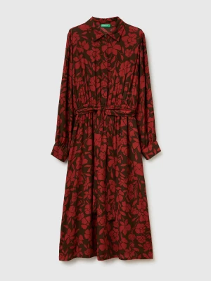 Benetton, Shirt Dress With Floral Print, Size: XS, Brown, Women United Colors of Benetton