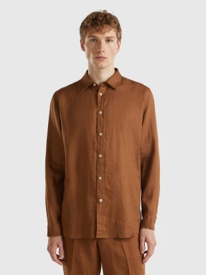 Benetton, Shirt In Pure Linen, size XL, Brown, Men United Colors of Benetton