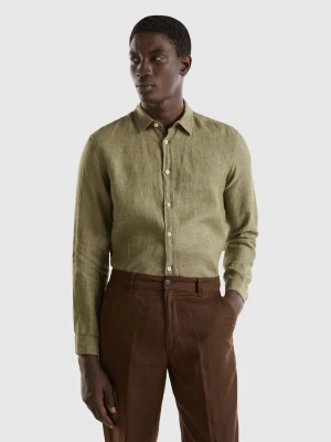 Benetton, Shirt In Pure Linen, size XL, Dark Green, Men United Colors of Benetton
