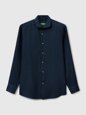 Benetton, Shirt In Pure Linen, Size: XS, Dark Blue, Men United Colors of Benetton