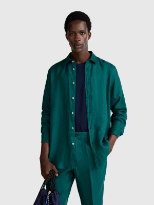 Benetton, Shirt In Pure Linen, size XS, Dark Green, Men United Colors of Benetton