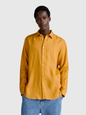 Benetton, Shirt In Pure Linen, size XL, Mustard, Men United Colors of Benetton