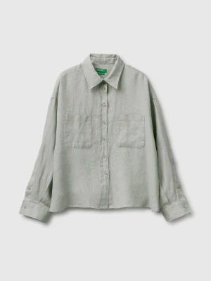 Benetton, 100% Linen Shirt With Pockets, Light Green, Women United Colors of Benetton