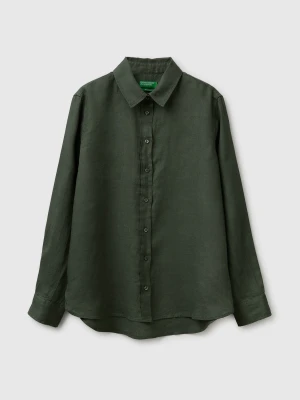 Benetton, 100% Linen Shirt With Pockets, Military Green, Women United Colors of Benetton