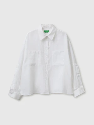 Benetton, 100% Linen Shirt With Pockets, White, Women United Colors of Benetton
