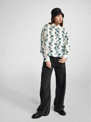 Benetton, Shirt With Flower Embroidery, size XS, Creamy White, Women United Colors of Benetton