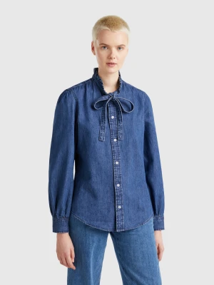 Benetton, Shirt With Rouched Collar, size XXS, Blue, Women United Colors of Benetton