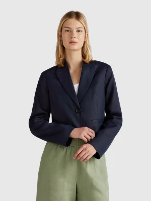 Benetton, Short Blazer In Pure Linen, size , Dark Blue, Women United Colors of Benetton