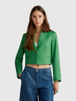 Benetton, Short Blazer In Pure Linen, size , Green, Women United Colors of Benetton