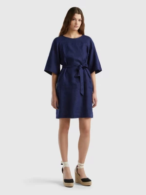 Benetton, Short Dress In Pure Linen, size L, Dark Blue, Women United Colors of Benetton
