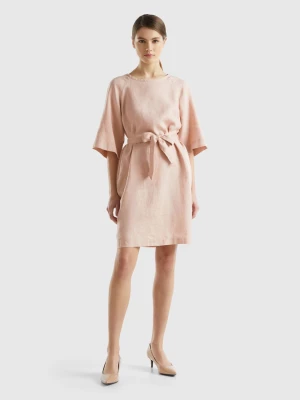 Benetton, Short Dress In Pure Linen, size L, Soft Pink, Women United Colors of Benetton