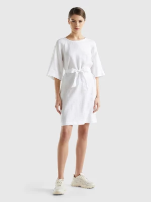 Benetton, Short Dress In Pure Linen, size L, White, Women United Colors of Benetton