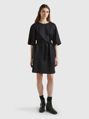 Benetton, Short Dress In Pure Linen, size M, Black, Women United Colors of Benetton
