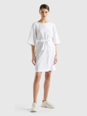 Benetton, Short Dress In Pure Linen, size S, White, Women United Colors of Benetton