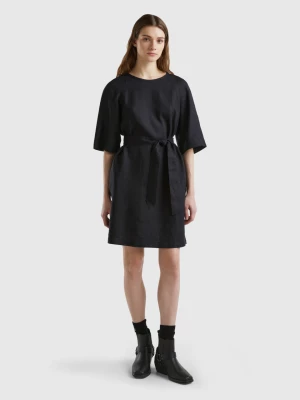 Benetton, Short Dress In Pure Linen, size XL, Black, Women United Colors of Benetton