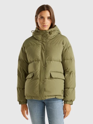 Benetton, Short Puffer Jacket Padded With Recycled Feathers, size L, Military Green, Women United Colors of Benetton