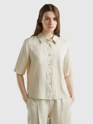 Benetton, Short Shirt In Pure Linen, size L, Beige, Women United Colors of Benetton