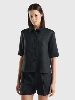 Benetton, Short Shirt In Pure Linen, size L, Black, Women United Colors of Benetton