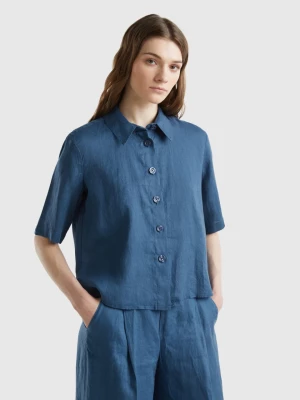 Benetton, Short Shirt In Pure Linen, size L, Blue, Women United Colors of Benetton