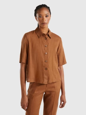 Benetton, Short Shirt In Pure Linen, size L, Brown, Women United Colors of Benetton